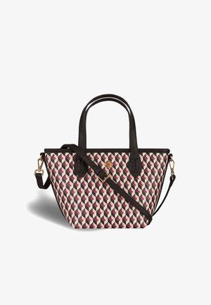 Borsa a mano con stampa geometrica multicolore, due manici neri, tracolla staccabile e dettagli in metallo dorato. Dettagli in pelle texture.