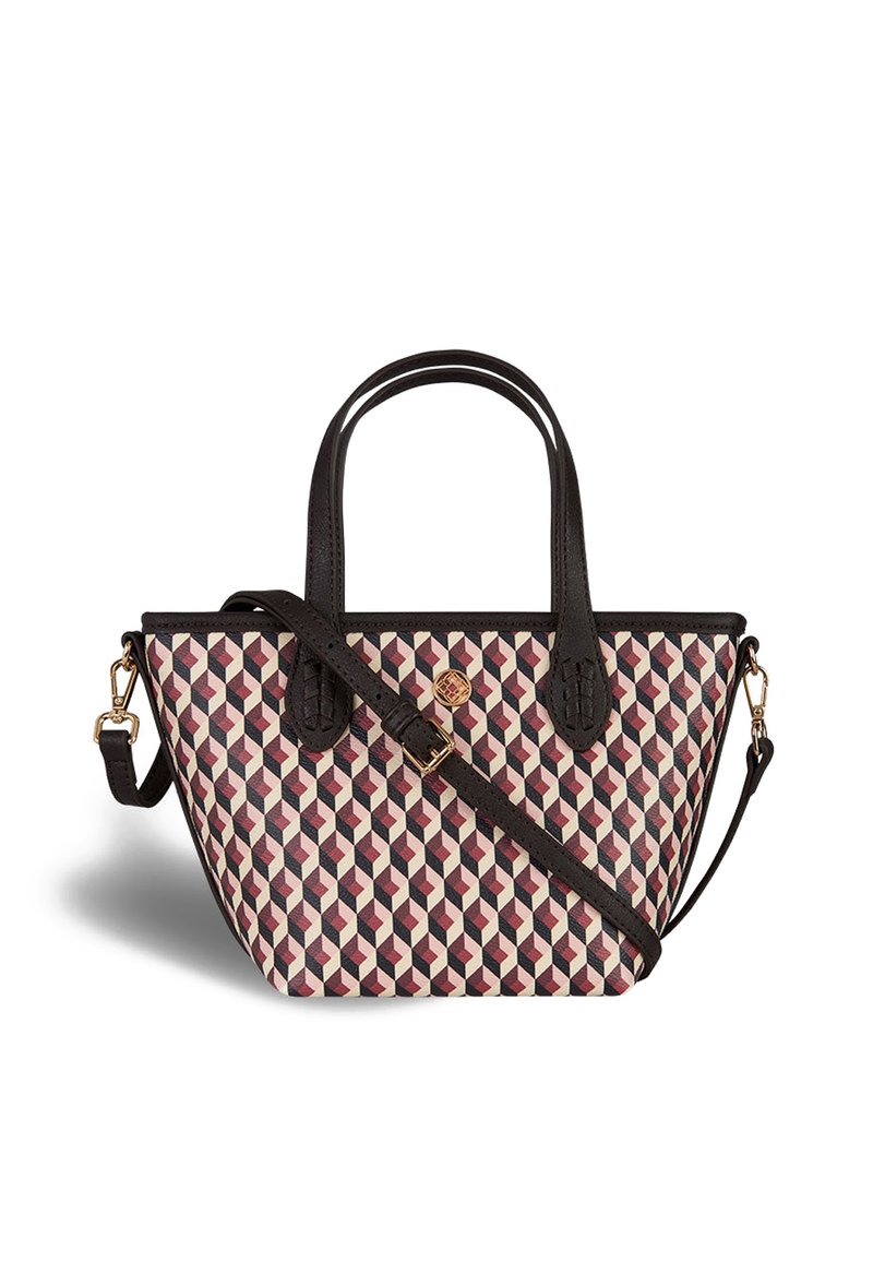 Borsa a mano con stampa geometrica multicolore, due manici neri, tracolla staccabile e dettagli in metallo dorato. Dettagli in pelle texture.
