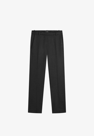 Sorte bukser med lige ben, sidelommer og bæltestropper, vist fladt på en hvid baggrund.