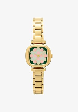 Montre en métal doré avec un cadran carré, un fond vert et un motif floral en rose et blanc. Elle possède un bracelet à maillons.