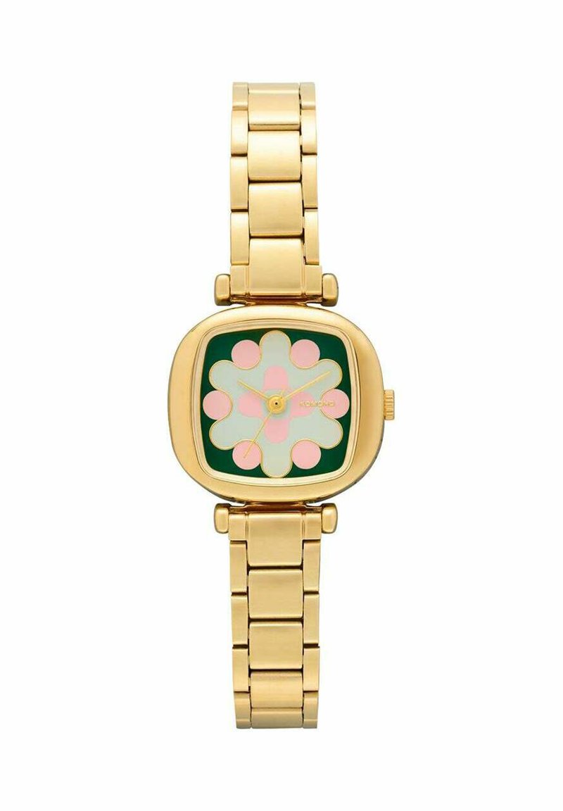 Montre en métal doré avec un cadran carré, un fond vert et un motif floral en rose et blanc. Elle possède un bracelet à maillons.