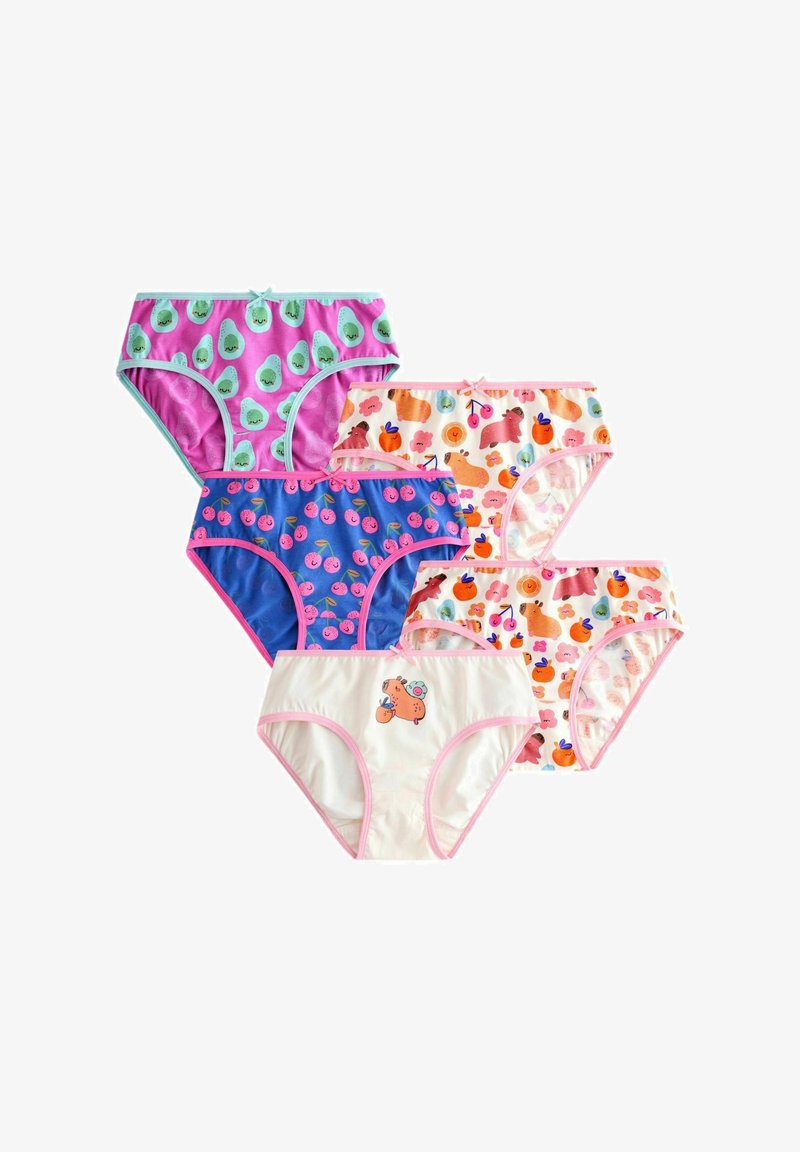 Cinq sous-vêtements colorés pour enfants avec des motifs ludiques de fruits et d'animaux, comprenant des avocats, des cerises et des ours, bordés de bords pastel.