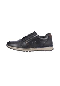 Sneaker in pelle nera con profilo basso, dotato di chiusura con lacci, cerniera laterale, dettagli color cammello e un tallone testurizzato. Suola leggera.
