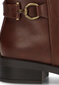 Bota de cuero marrón hasta el tobillo con un acabado mate, que presenta un detalle de hebilla circular metálica y un tacón negro bajo y estructurado.