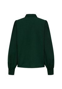 Grüne strukturierte Bluse mit Kragen, langem Puffärmel und geknöpften Manschetten; entworfen mit lockerer Passform und minimaler Detailgestaltung.