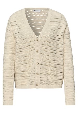 Cardigan tricoté de couleur crème avec un motif ajouré, col en V, manches longues et cinq boutons à l'avant, fabriqué par Street One.