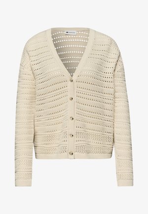 Cardigan tricoté de couleur crème avec un motif ajouré, col en V, manches longues et cinq boutons à l'avant, fabriqué par Street One.
