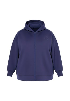 Sweat à capuche bleu marine avec fermeture éclaire intégrale, manches longues, zip devant et un logo circulaire discret sur la poitrine gauche.