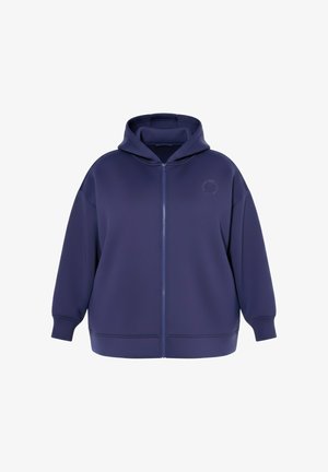 Navyblå hættetrøje med fuld lynlås, lange ærmer, en frontlynlås og et diskret rundt logo på venstre bryst.
