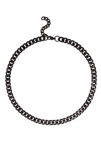 Collana in metallo nero con finitura liscia, caratterizzata da anelli piatti intrecciati e chiusura a catena regolabile.