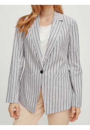 Raidoitu blazer vaalean kerman- ja laivastonsinisen sävyissä, yksittäinen nappisuljenta, lovet läpät, kaksi etutaskua ja muotoon ommeltu istuvuus tekstuuri-kangas.