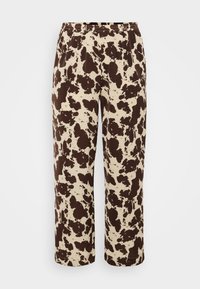Pantalones de chándal de color marrón y crema con un diseño estampado, una cintura elástica y piernas rectas, fabricados con una tela suave y ligera.