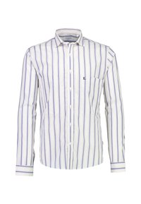 Camicia a maniche lunghe con bottoni, bianca con righe verticali blu, dotata di tasca, colletto a punta e bottoni bianchi. Tessuto in cotone leggero.