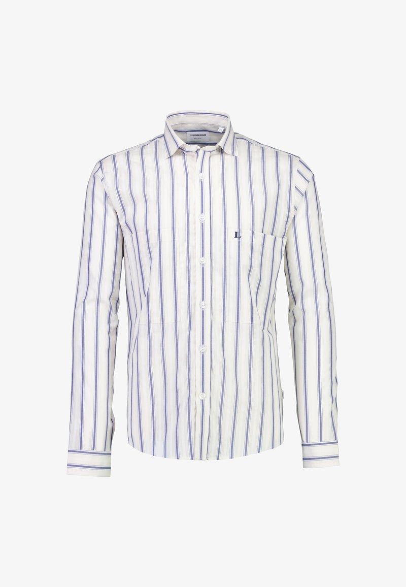 Camicia a maniche lunghe con bottoni, bianca con righe verticali blu, dotata di tasca, colletto a punta e bottoni bianchi. Tessuto in cotone leggero.