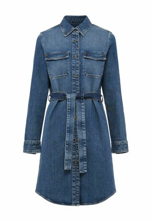 Sukienka koszulowa z dżinsu w ciemnoniebieskim kolorze, z guzikami z przodu, kołnierzykiem, dwiema kieszeniami na piersi, długimi rękawami i dopasowanym paskiem w talii.