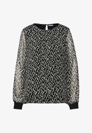 Czarna i biała bluzka w wzory z długimi przejrzystymi rękawami, okrągłym dekoltem i elastycznymi mankietami. Zawiera zapięcie na guziki z tyłu.