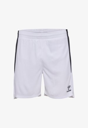 Shorts de sport blancs en tissu respirant, avec des rayures noires sur les côtés et un petit logo en bas à droite. Ceinture élastique incluse.