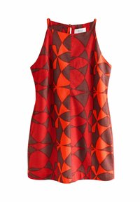Ärmelloses Kleid in Rot und Braun mit geometrischen Mustern. Hergestellt aus strukturiertem Stoff, mit einem Rückenschlitz und geradem Schnitt.