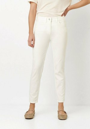 White slim-fit jeans with a mid-rise waist, five-pocket design, and front button closure. Smooth texture and tailored leg silhouette.