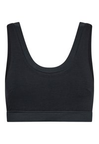 Sort bralette lavet af blødt, strækbart stof. Den har en rund halsudskæring, brede skulderstropper og et elastisk bånd i kanten.