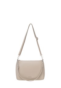 Sac à épaule en cuir beige avec une sangle longue réglable, une petite sangle à chaîne et une fermeture éclair sur le dessus.