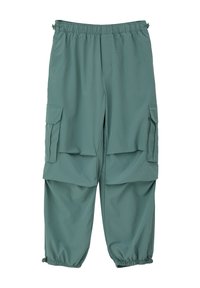 Cargo-Hosen in gedämpftem Grün, mit einem elastischen Bund, zwei Seitentaschen und gerafften Bündchen an den Knöcheln. Glattes Polyestergewebe.