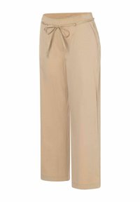 Beige Cropped-Hosen mit einem Tunnelzugbund, Seitentaschen und einer glatten Stofftextur. Das Design verfügt über einen lockeren Schnitt und gerade Beine.