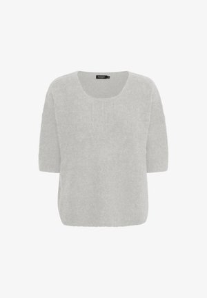 Hellgrauer, kurzärmeliger Pullover aus weichem, strukturiertem Stoff, mit weitem Rundhalsausschnitt und lockerer Passform.