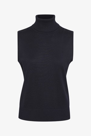 Granatowy bezrękawnik z golfem, o fakturowanym wzorze, z wysokim kołnierzem i ściągaczem na dole, dla dopasowanego sylwetki.