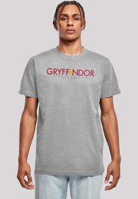 Pelēkā kokvilnas T-krekls ar vārdu "GRYFFINDOR" sarkankrāsā un zeltainā, ar lauvu emblēmu, apaļu kakla izgriezumu un īsām piedurknēm.