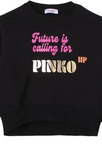 Felpa nera corta con testo colorato: "Il futuro ti chiama per" in rosa, "PINKO" in oro lucido e "su" in arancione.