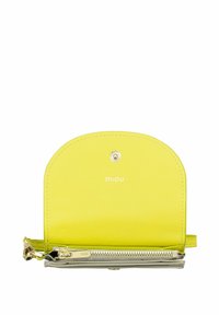 Yellow leather wallet with rounded top, silver-tone hardware, logo embossed on front, zipper pocket at the bottom, smooth texture.