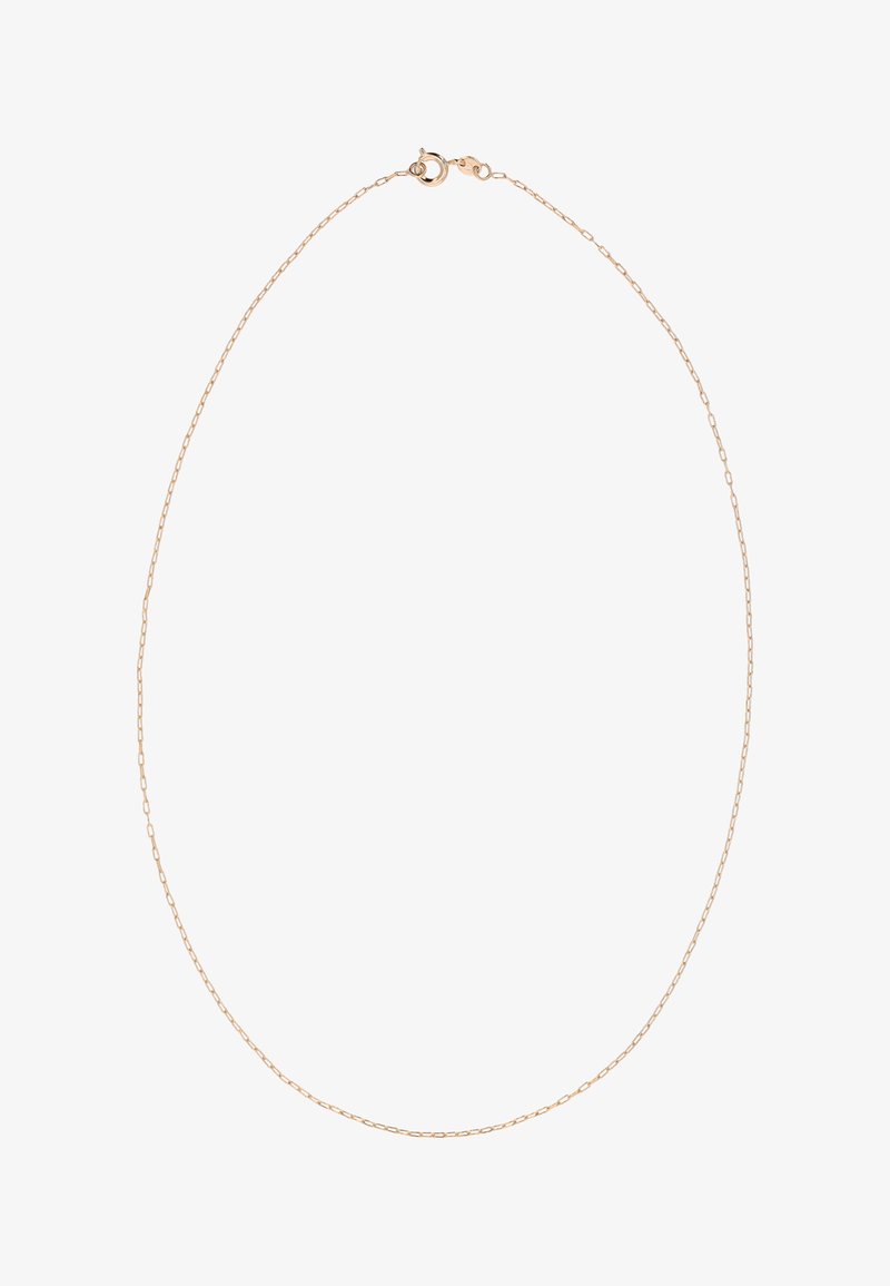 Kultaketju, joka on valmistettu kullanvärisestä metallista ja jossa on herkkä linkitetty ketjumalli, jonka sulkeminen tapahtuu jousilukolla. Ketjussa on sileä pinta ja tasainen väritys kauttaaltaan.