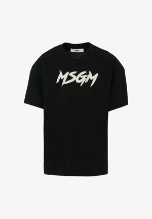 T-shirt nera in cotone con maniche corte e collo rotondo classico. Logo "MSGM" in bianco audace in stile pennellata sulla parte anteriore.