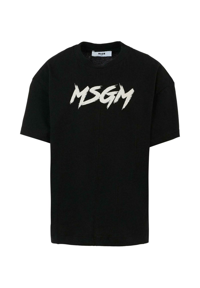 Zwarte katoenen T-shirt met korte mouwen en een klassieke ronde hals. Gedurfde witte "MSGM" logo in een penseelstreekstijl over de voorkant.