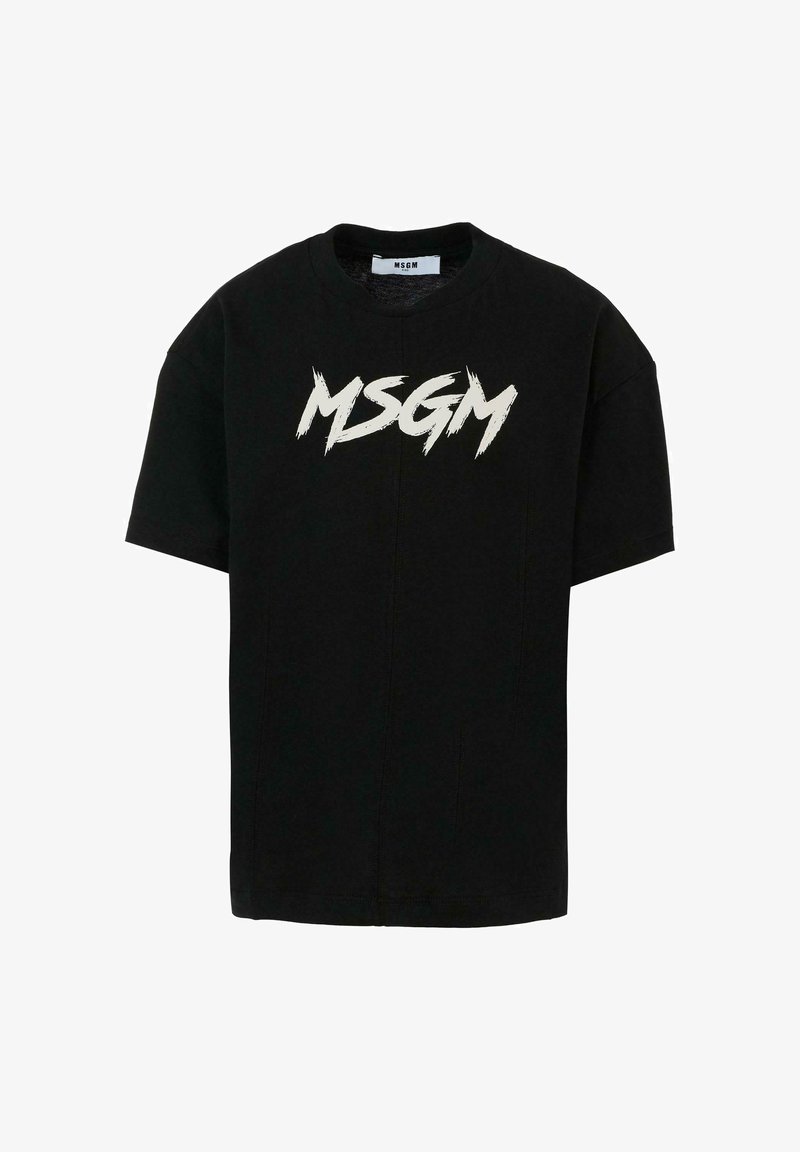 Zwarte katoenen T-shirt met korte mouwen en een klassieke ronde hals. Gedurfde witte "MSGM" logo in een penseelstreekstijl over de voorkant.