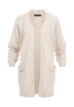 Bézs hosszú kötött kardigán nyitott elejével, két első zsebbel, lelógó vállakkal, enyhén összegyűrt ujjakkal.