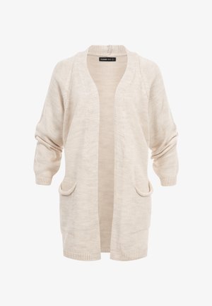 Bézs hosszú kötött kardigán nyitott elejével, két első zsebbel, lelógó vállakkal, enyhén összegyűrt ujjakkal.