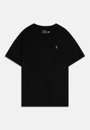 Camiseta negra de manga corta con cuello redondo y pequeño logo bordado en amarillo de Polo Ralph Lauren en el pecho izquierdo.