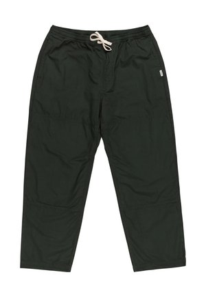 Donkergroene, lichte broek met een elastische tailleband en trekkoord, met een relaxte pasvorm en een gladde textuur.