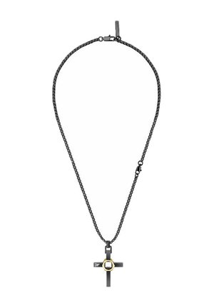 Schwarze Metallkette mit Kreuzanhänger, der ein goldenes sechseckiges Mutterdetail in der Mitte aufweist.