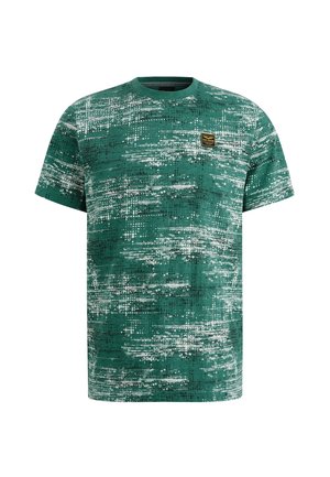 T-shirt grafico verde con un motivo astratto con accenti bianchi e neri. Collo rotondo e maniche corte. Include una piccola toppa con il marchio.