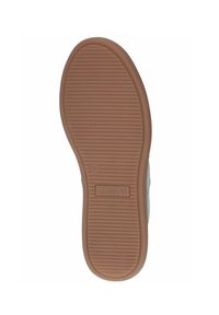 Suola di una scarpa che mostra un fondo in gomma testurizzato di colore marrone chiaro, con scanalature orizzontali e un'etichetta del marchio che recita "CAPRICE" vicino al tallone.