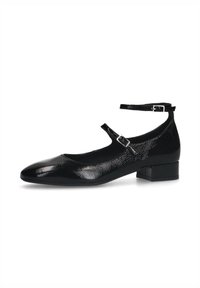 Zwarte gepatineerde ballerina's met een spitse neus, enkelbandje en kleine blokhak. Heeft een gestructureerde afwerking en een verstelbare gesp.