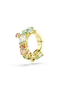 Gold-toned ring featuring multiple faceted gemstones in pastel colors, set in a secured design with visible prong accents.