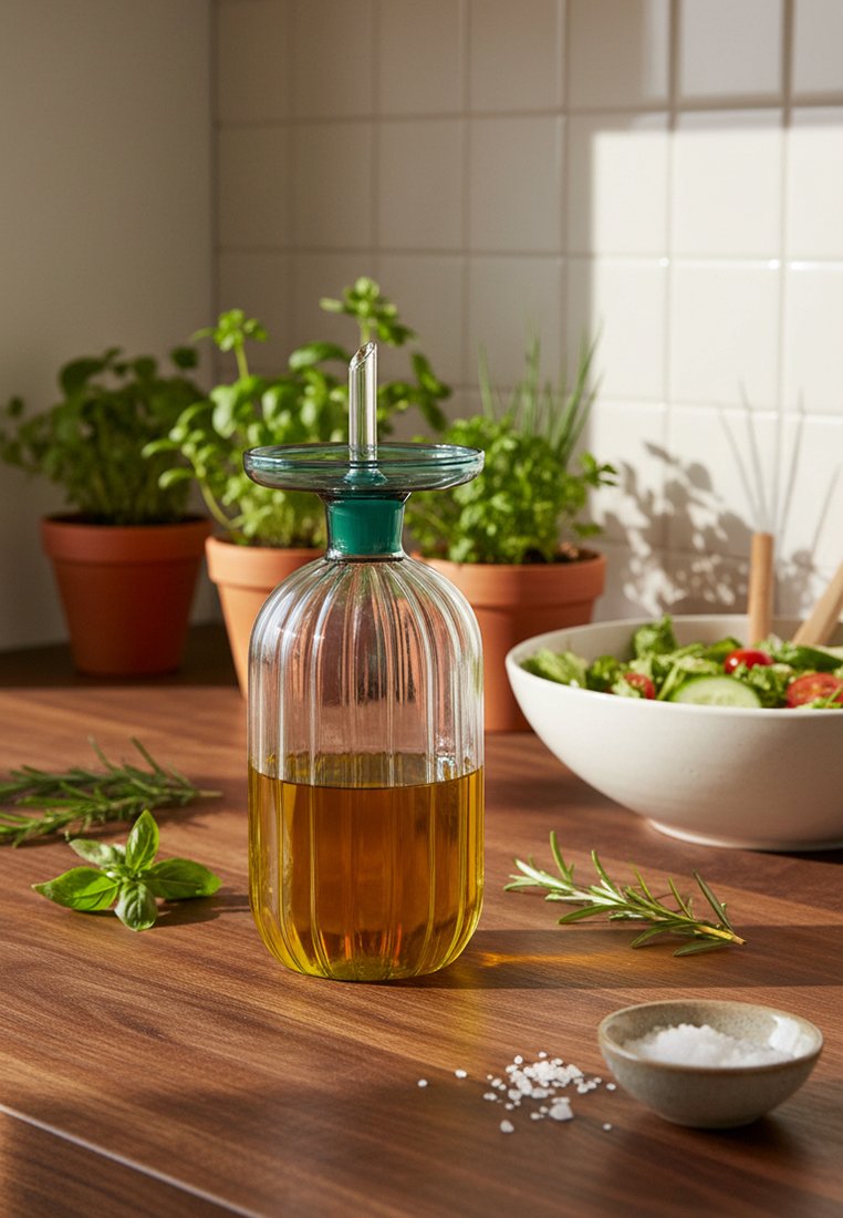 Przezroczysta butelka z żłobieniami wypełniona oliwą z oliwek, stojąca na drewnianym blacie, otoczona świeżymi ziołami, miską sałatki i małym naczyniem z solą.