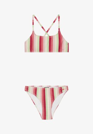 Dwuczęściowy bikini w poziome paski w kolorach czerwonym, różowym i zielonym. Górna część z plecakiem; dolna część z pasującym wzorem w paski. Elastyczny materiał.