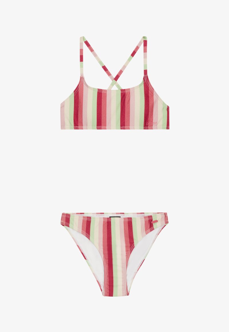 Dvoslojni bikini s horizontalnim prugama u crvenoj, ružičastoj i zelenoj boji. Gornji dio ima x-natrag trake; donji dio ima usklađen prugasti dizajn. Elastična tkanina.