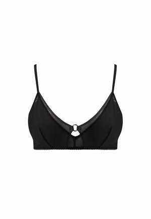 Schwarzes transparentes Mesh-Bralette mit dünnen verstellbaren Trägern und einem kleinen silbernen Ring als Verbindungsmittel vorne in der Mitte.