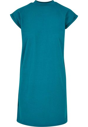 Teal T-shirtklänning med hög hals, kort ärm och lös passform. Tillverkad av mjukt bomullstyg, med en enkel och omyntad design.